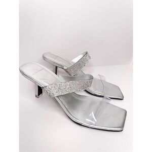 Black Suede Studio Sandals Women Size 7 Silver Crystal Clear Double Strap Heels